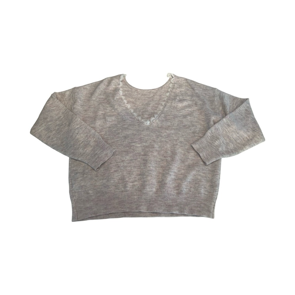 Molly Bracken Womens Lace Trim V-Neck Knit Sweater Mauve Grey XL E1601BH